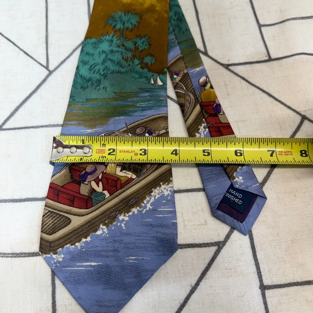 Nautica‎ Silk Necktie One Size Blue Yellow Vintage Tropical Boat Seaplane Scenic